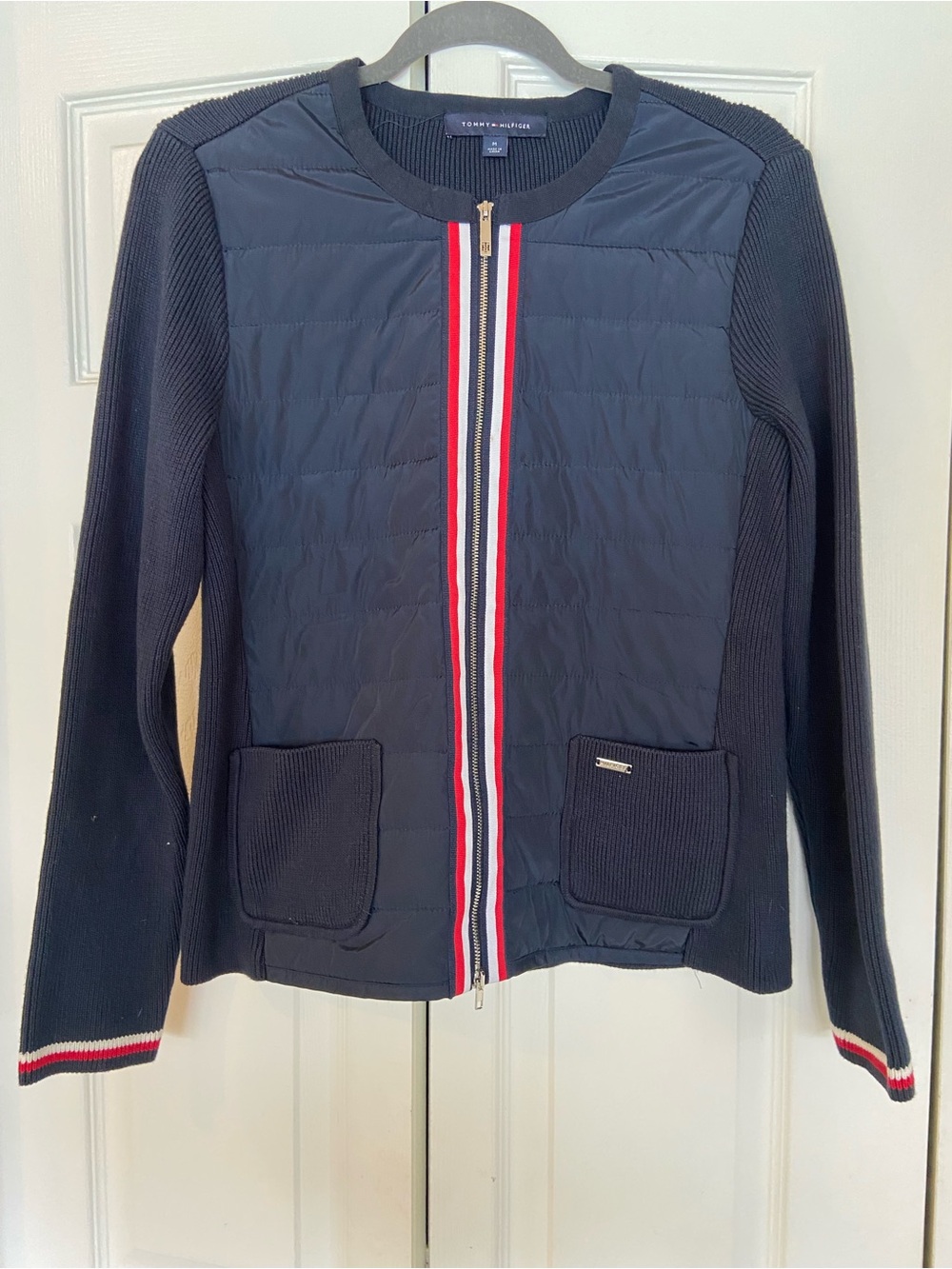 Tommy Hilfiger Navy Quilted Knit Bomber Jacket with Signature Trim